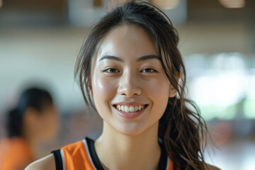 Asian woman wearing basketball player or supporter attribute uniform