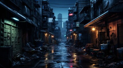 Dystopian alleyway with overflowing holographic trash bins, under a gloomy, cyberpunk sky