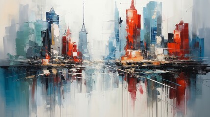 An abstract vertical city painting, with brush strokes of gray and white, highlighted by random splashes of vibrant colors - obrazy, fototapety, plakaty