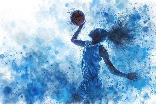 Basketball player in action, woman blue watercolor with copy space