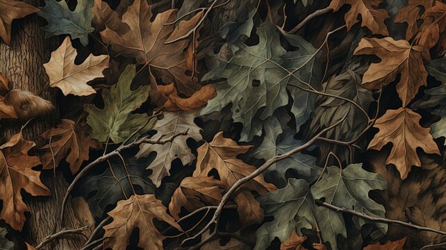 Close-up of a camouflage pattern with photorealistic forest textures, deep greens and browns, and a hint of morning dew