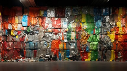 Fototapeta premium An industrial recycling facility with mountains of colorful crushed cans under harsh fluorescent lighting