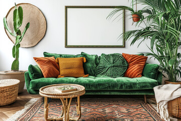 Chic boho living room with a velvet green sofa, woven rug, and plants in wicker baskets, a blank frame