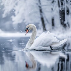 in the beautiful white snowy winter a beutiful swan walk in the lake - obrazy, fototapety, plakaty