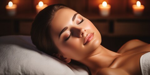 Attractive lady receiving soothing massage at spa, lying on bed with eyes shut, for skin rejuvenation and relaxation.