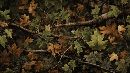 Close-up of a camouflage pattern with photorealistic forest textures, deep greens and browns, and a hint of morning dew