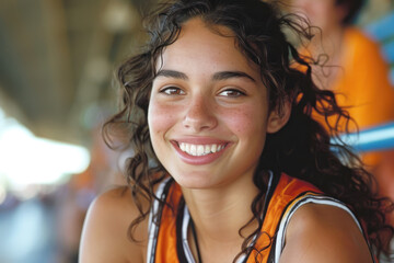 Hispanic woman wearing basketball player or supporter attribute uniform