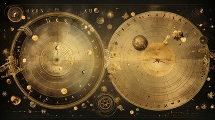 Vintage celestial chart with constellations and asterisms, parchment texture, rendered in sepia tones - obrazy, fototapety, plakaty