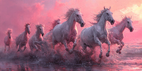 Pferde galoppieren, rosa Himmel - obrazy, fototapety, plakaty