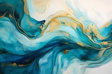 Turquoise waves and golden swirls converge in a mesmerizing dance, embodying the essence of abstract beauty.