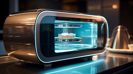 High-tech, stainless steel microwave in a smart home kitchen, with interactive holographic food menus