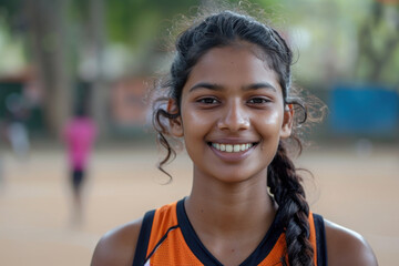 Indian woman wearing basketball player or supporter attribute uniform
