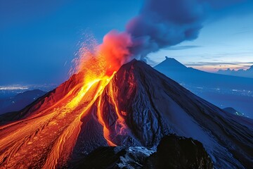 An image of a volcanic eruption with lava spewing out of the volcano. 