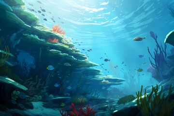 Underwater scene with a gradient of blues and greens, showcasing coral reefs and marine life in crystal-clear waters.