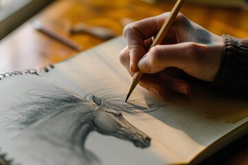 A person drawing a horse with a pencil on a white sheet of paper.