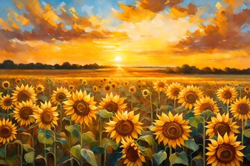 Obraz premium sunset in the field of sunflowers