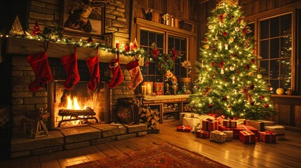 A cozy Christmas scene with a fireplace and a lit tree. Generative AI