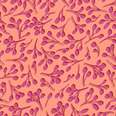 Pink abstract botany seamless repeat pattern. Random placed, vector herbs with shadows aop all over surface print apricot background.
