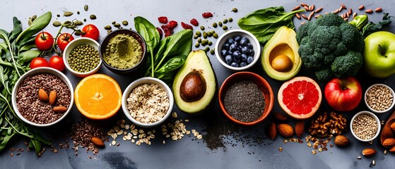 Healthy food on gray concrete background.