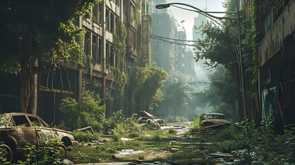 Post-apocalyptic city overgrown by plants with abandoned cars and house skyscraper ruins.