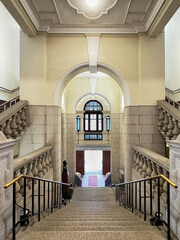 The University of Hong Kong main grand staircase and corridor hall, showing the typical British...