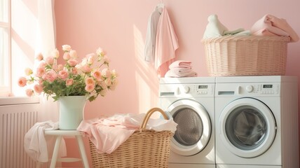 Cozy laundry room with a wicker basket overflowing with pastel linens, the gentle hum of a vintage washing machine in the background - obrazy, fototapety, plakaty