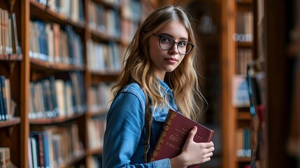 A young female student with glasses holding a book in a library.