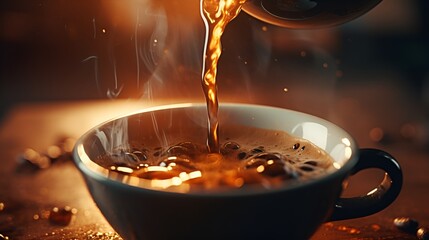 Pouring hot coffee from a pot to a cup.