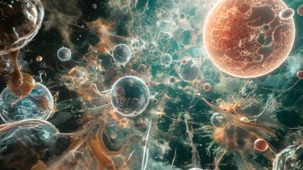 Ilustración de virus, bacterias y células vistas a través de un microscopio - obrazy, fototapety, plakaty