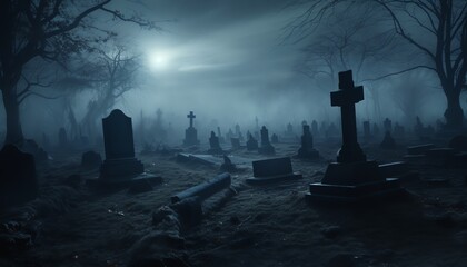 Misty graveyard at night with silhouettes of tombstones and bare trees under a moonlit sky.