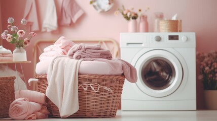 Cozy laundry room with a wicker basket overflowing with pastel linens, the gentle hum of a vintage washing machine in the background