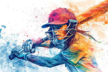 Cricket player in action, woman colorful watercolor with copy space - obrazy, fototapety, plakaty