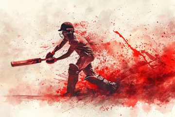 Fotobehang Cricket player in action, woman red watercolor with copy space © Aris