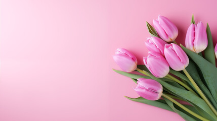 Bouquet of pink tulips on a pink background with copy space. The concept of spring, holiday, postcard, March 8, mother's day. Banner. Flat lay, top view.