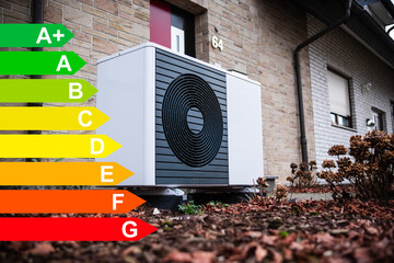 Wärmepumpe an einem Einfamilienhaus, Grafik mit Energieeffizienzklassen für Gebäude nach dem...