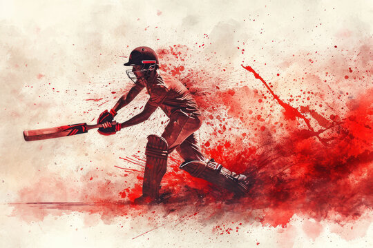 Cricket player in action, woman red watercolor with copy space