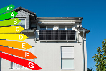 Solarpanel an einem Balkon, Grafik mit Energieeffizienzklassen für Gebäude nach dem GEG, Monheim...