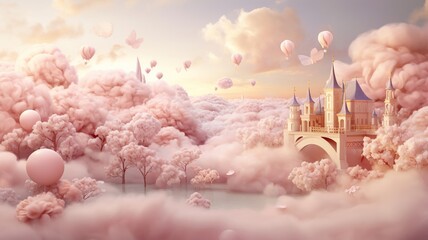 Pastel dreamscape with soft pink clouds and fluffy terrain, dotted with whimsical gift boxes tied with gold ribbons