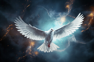 white dove in flight Holy Spirit. Generative AI - obrazy, fototapety, plakaty