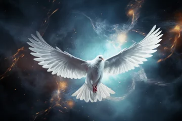Fotobehang white dove in flight Holy Spirit. Generative AI © CLEMERSONDESALES