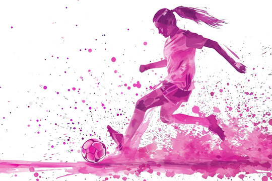 Soccer player in action, woman pink watercolor with copy space