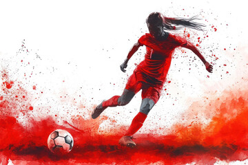 Soccer player in action, woman red watercolor with copy space - obrazy, fototapety, plakaty
