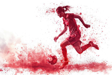 Soccer player in action, woman red watercolor with copy space