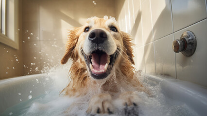 Smiling Golden Retriever takes a bath in the bathroom