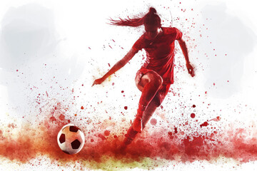 Soccer player in action, woman red watercolor with copy space