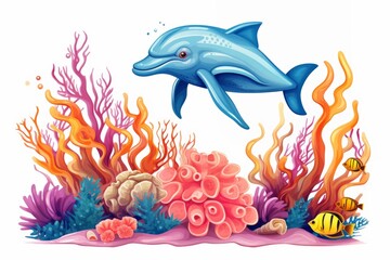 Dolphin, corals, marine plants and fish, marine underwater life on a white isolated background, illustration.