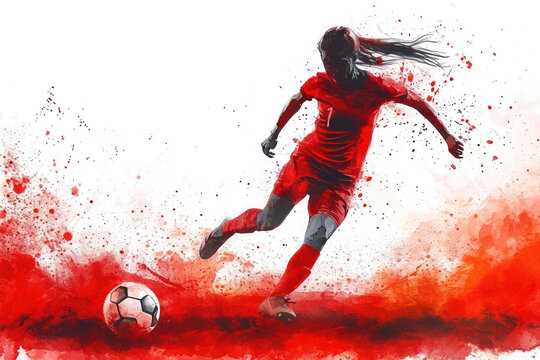 Soccer player in action, woman red watercolor with copy space