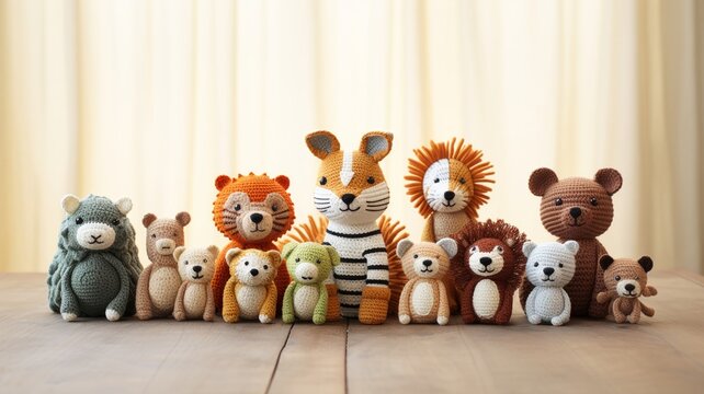 Whimsical collection of crochet animals in muted tones, centered around a maternal figure, with a dreamy depth of field