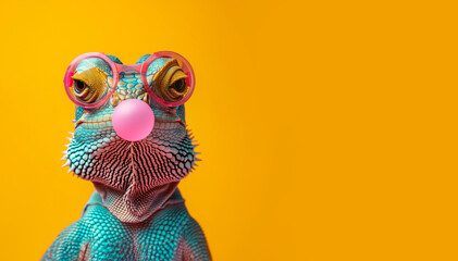 A chameleon in pink glasses inflates a bubble with pink bubble gum on a yellow background with space for your inscription