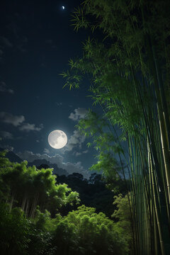 At night the round moon is seen over the bamboo tree Generative AI